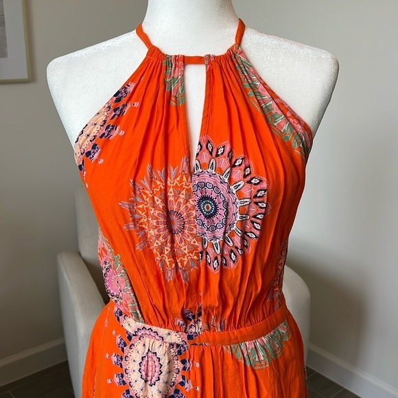 Floreat Anthropologie Livia Bright Orange Mandala Print Halter Keyhole Dress 12P - Picture 5 of 17